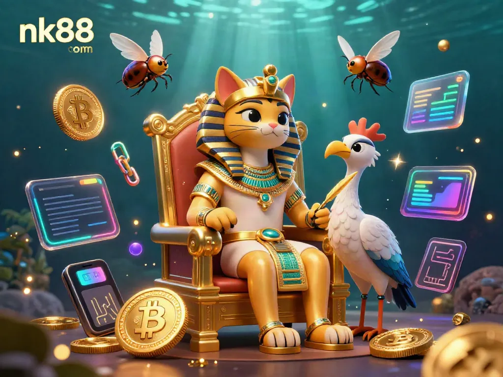 Experience winning strategies with nk88 com in a vibrant casino scene featuring a pharaoh cat and crypto elements.