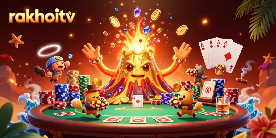 Experience the excitement of rakhoitv with a golden volcano erupting treasure in this vibrant gambling scene.