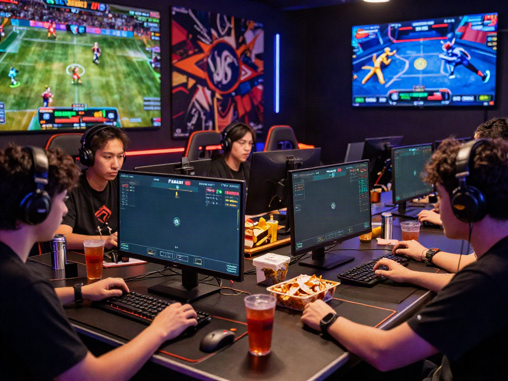 Players enjoying intense sports betting on FABET platform, illuminated by screens in an energetic gaming atmosphere.