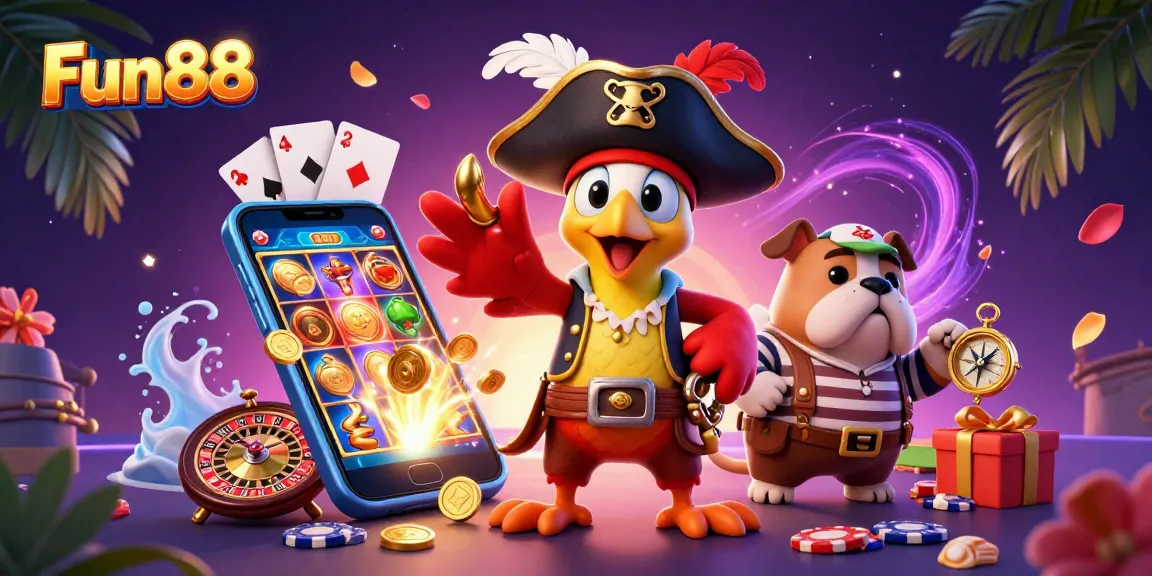 Play thrilling slots with Fun88 as cartoon pirates explore vibrant casino treasures.