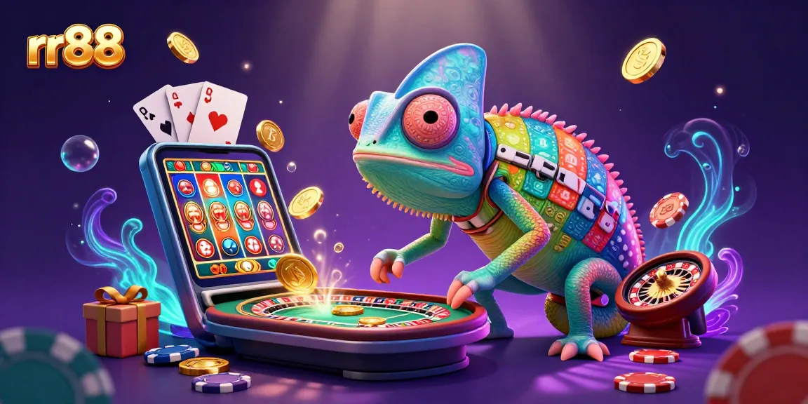 Experience rr88 with a vibrant casino scene featuring a chameleon owner among dynamic gaming elements.
