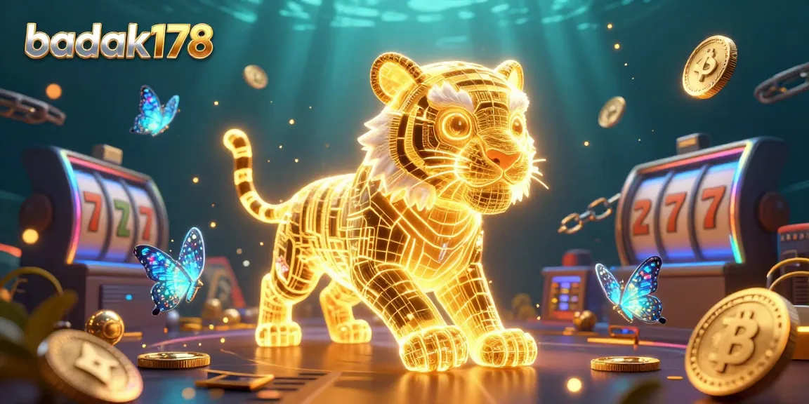 Engage in the vibrant world of badak178 with this dynamic 3D casino scene filled with neon elements and crypto assets.
