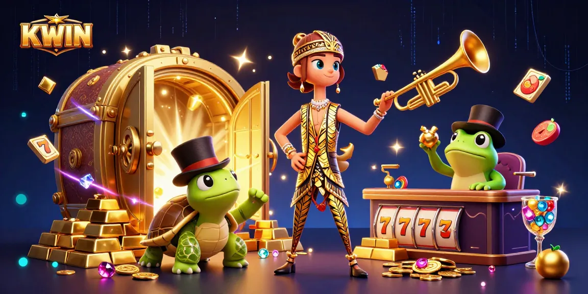 KWIN casino's dynamic gaming scene with vibrant characters, gold treasures, and slots in action.