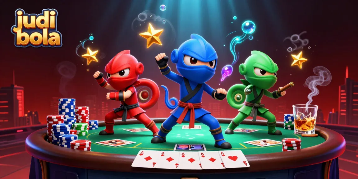 Engage in judi bola action with a dynamic team of chameleon ninjas amidst vibrant casino elements.