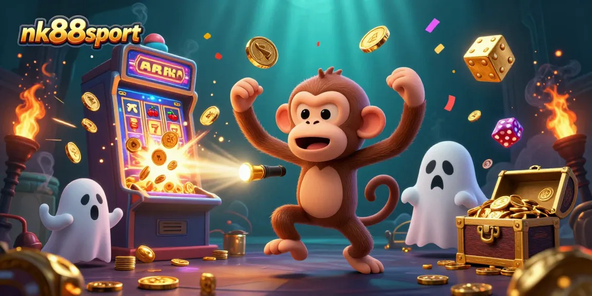 Engage in nk88sport's thrilling gameplay featuring a playful poltergeist monkey juggling coins and the excitement of jackpots in a stunning illustration.