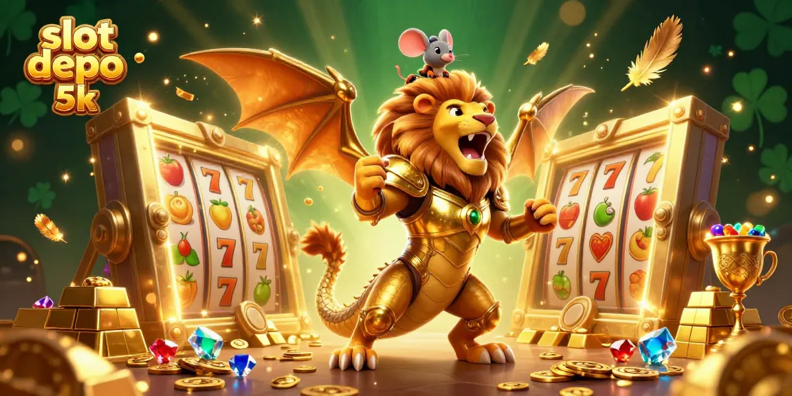 Experience the excitement of slot depo 5k with a vibrant scene featuring a roaring chimera and sparkling treasures.