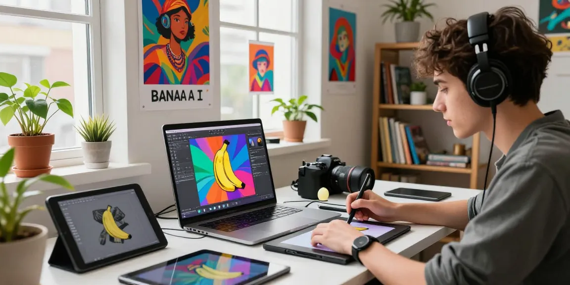 Artist using nano banana AI image editor in a vibrant studio.