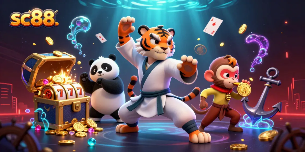 Engage with sc88's dynamic gaming experience illustrated through playful characters and vibrant gaming elements