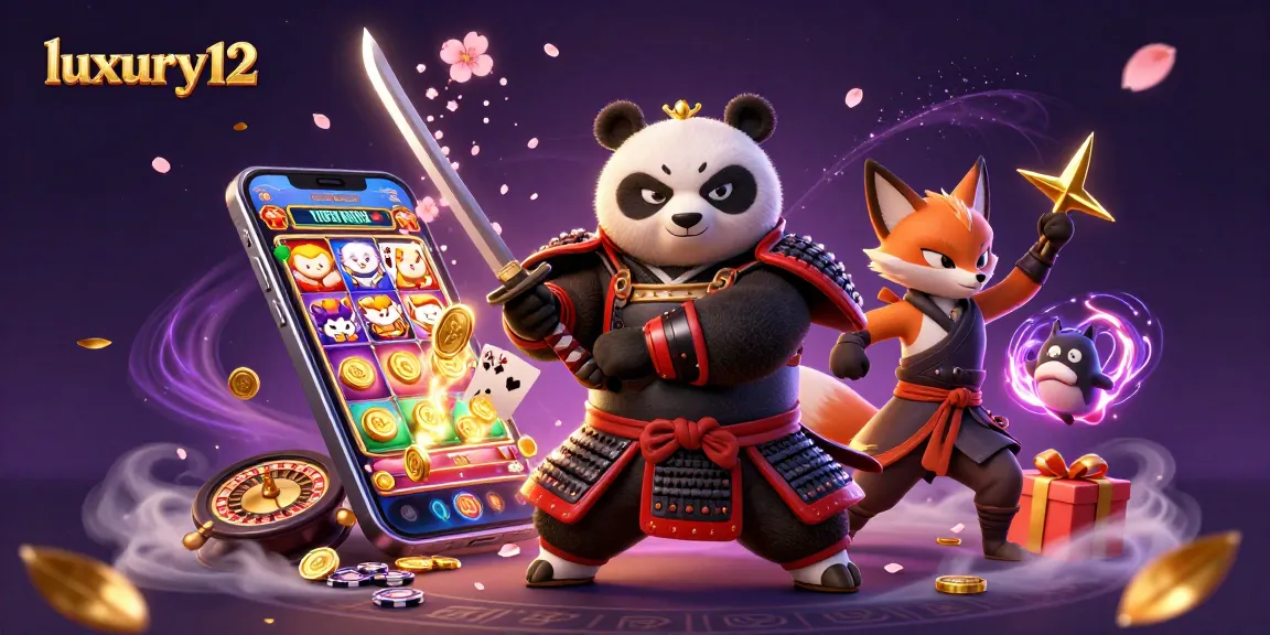 Engage in thrilling slots action with luxury12 featuring samurai panda and ninja fox in a vibrant casino scene.