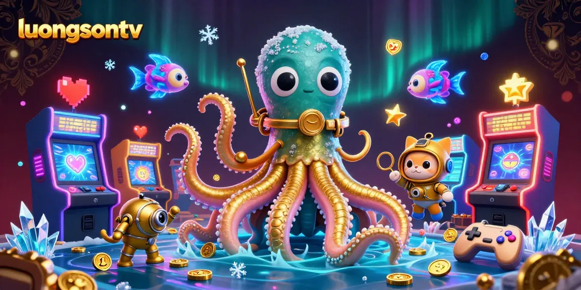 Experience exciting gameplay on luongsontv with a kraken and diving cat in this vibrant 3D scene.