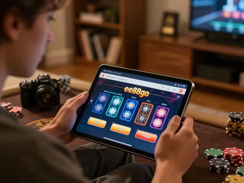 Playing poker on ee88go with vibrant graphics in a cozy home setting