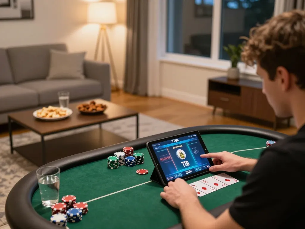 VT88 player enjoying online poker with tablet, showcasing responsible gaming in a cozy home