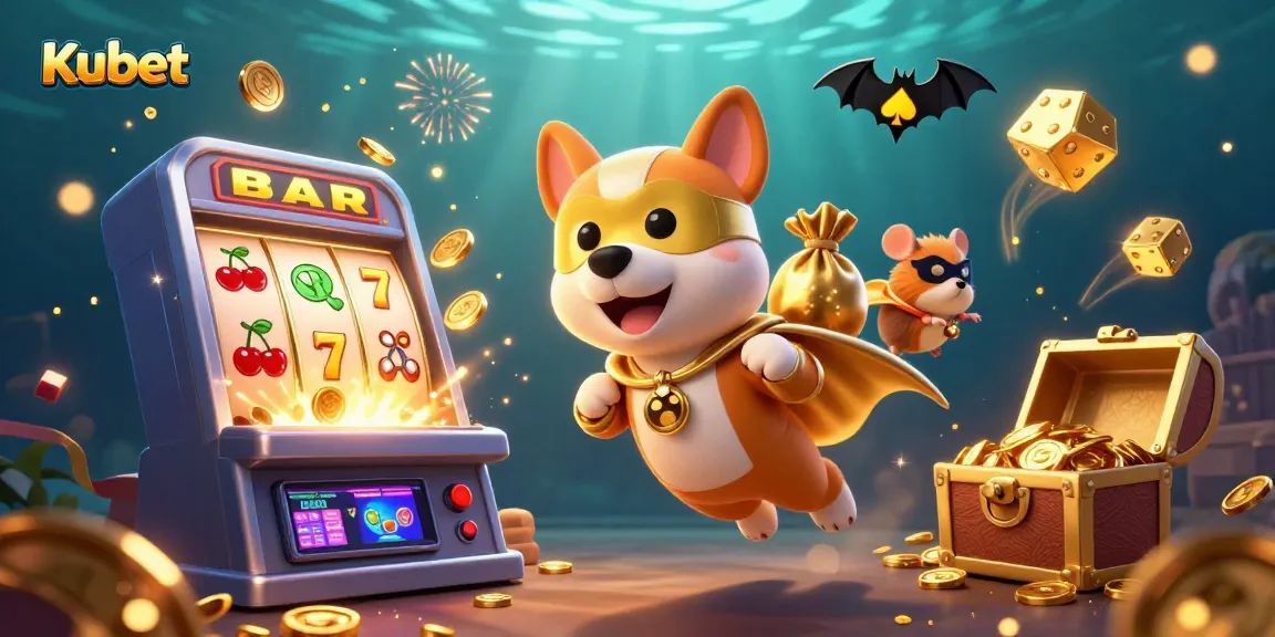 Kubet's playful superhero characters featuring a dog and hamster amidst a jackpot explosion celebrating online gaming.