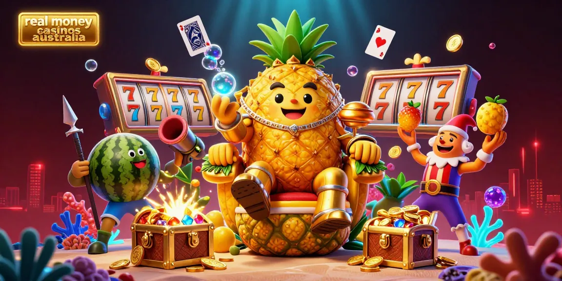 Experience the excitement of real money casinos Australia with a vibrant cartoon scene featuring a golden pineapple king and dynamic casino elements.