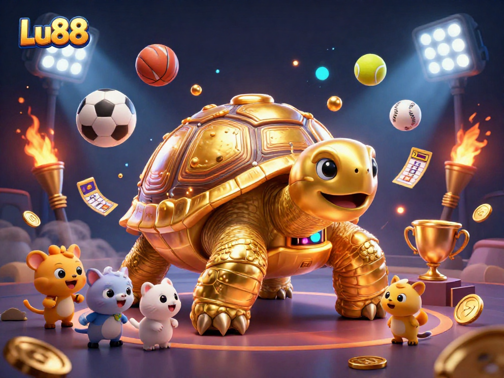 Engage with Lu88's interactive pinball scene featuring a golden tortoise and dynamic sports elements.