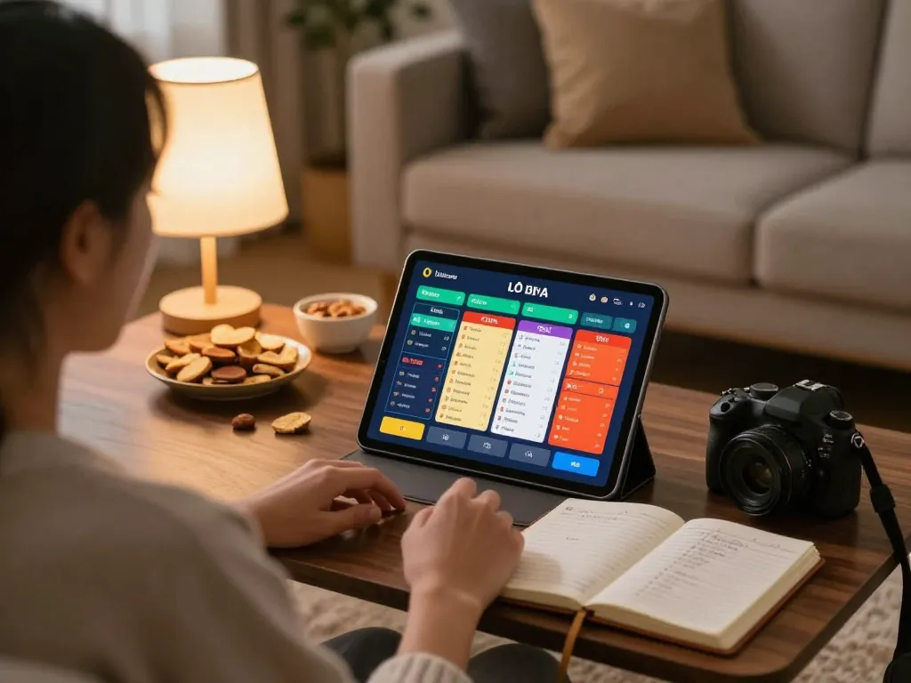 Engaging in lô đề online betting from home with a cozy atmosphere and strategy notes.