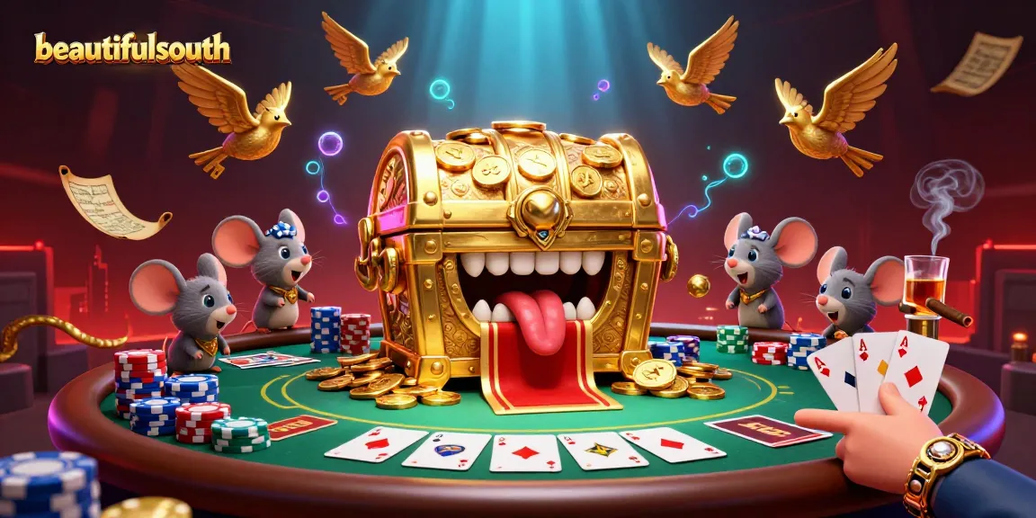 Engage with beautifulsouth's vibrant 3D casino scene, featuring iconic poker elements and adventurous characters.