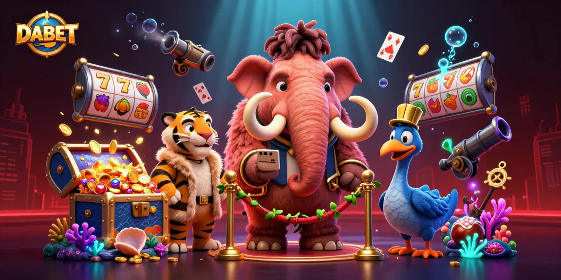 DABET casino features a woolly mammoth bouncer and vibrant slot game elements, inviting players to win.