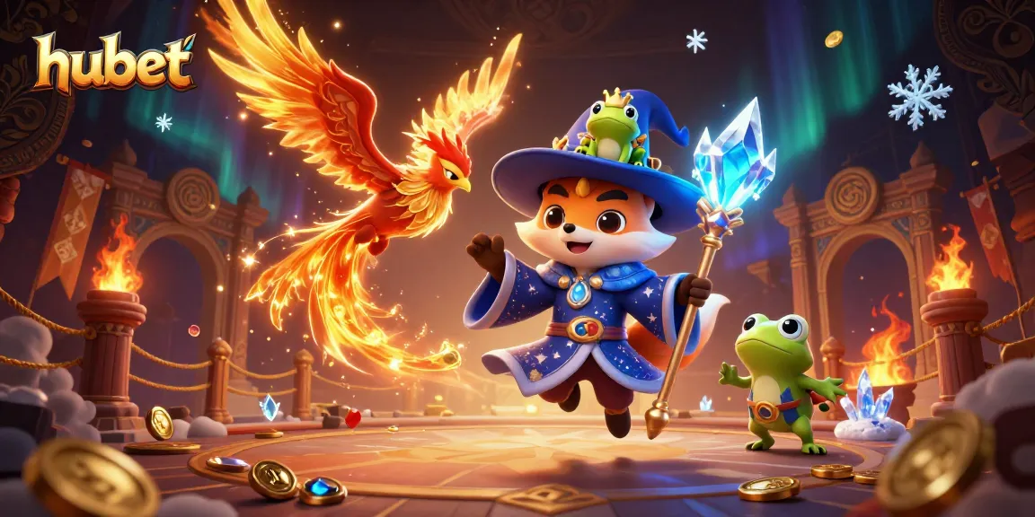 Experience hubet's lively online gambling scene with a wizard fox and phoenix in a magical atmosphere.