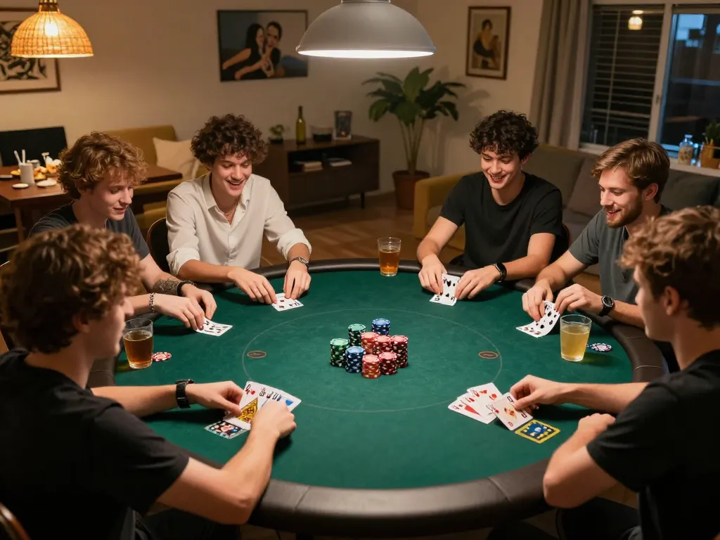 W88 players strategizing during an exciting home poker night with colorful chips and cards.