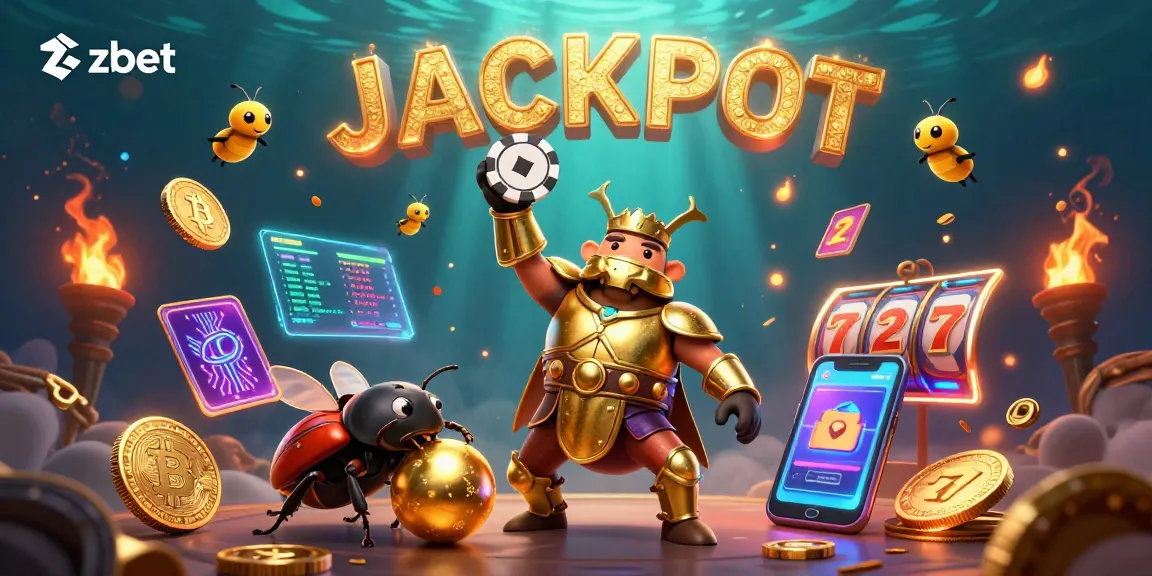Engage with zbet's dynamic casino scene featuring a victorious beetle character and vibrant game elements.