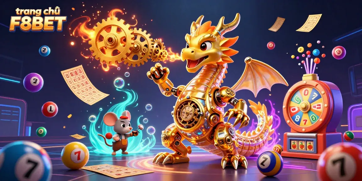 Play thrilling games at trang chủ F8BET, where golden dragons and colorful lottery balls create an exciting atmosphere.