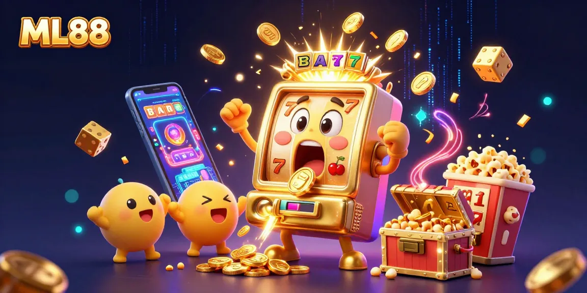 ML88 slot machine hits jackpot amid a burst of coins and lights, celebrating with baby slots.