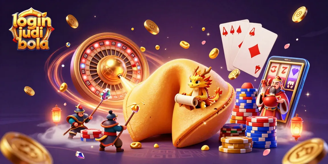 Engage with login judi bola featuring golden fortune cookie, dragon and cascading coins in an exciting digital casino scene.