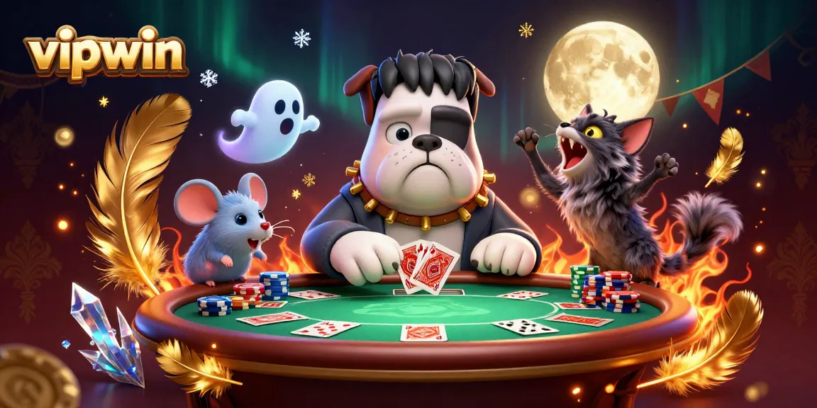 Experience the excitement of vipwin poker with a playful Frankenstein bulldog dealing cards.