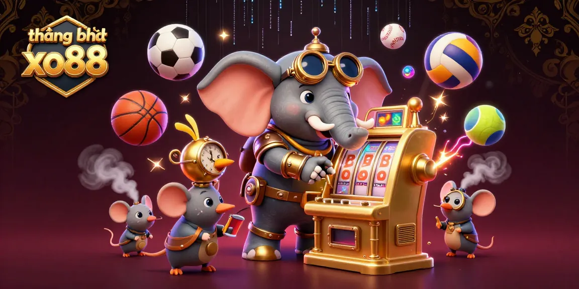 Engage with thương hiệu xo88 as a steampunk elephant operates a golden slot machine amidst vibrant sports elements.