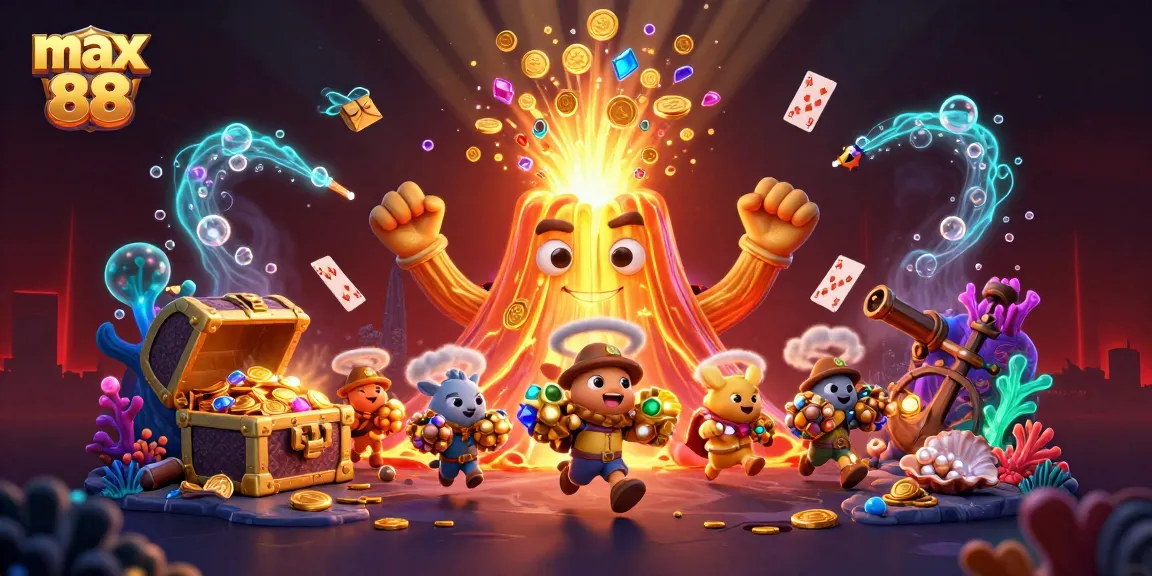 Experience the thrill of max 88 with vibrant visuals of a golden volcano erupting treasure in an action-packed casino scene.