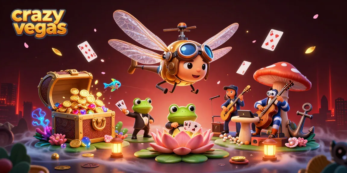 Experience thrilling gaming adventures with crazyvegas at a lively lily pad casino, featuring enchanting characters and vibrant elements.