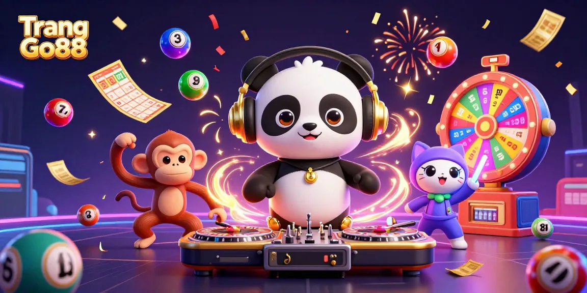 Engage with the exciting world of Trang Go88 as DJ panda spins with vibrant lottery elements surrounding them.
