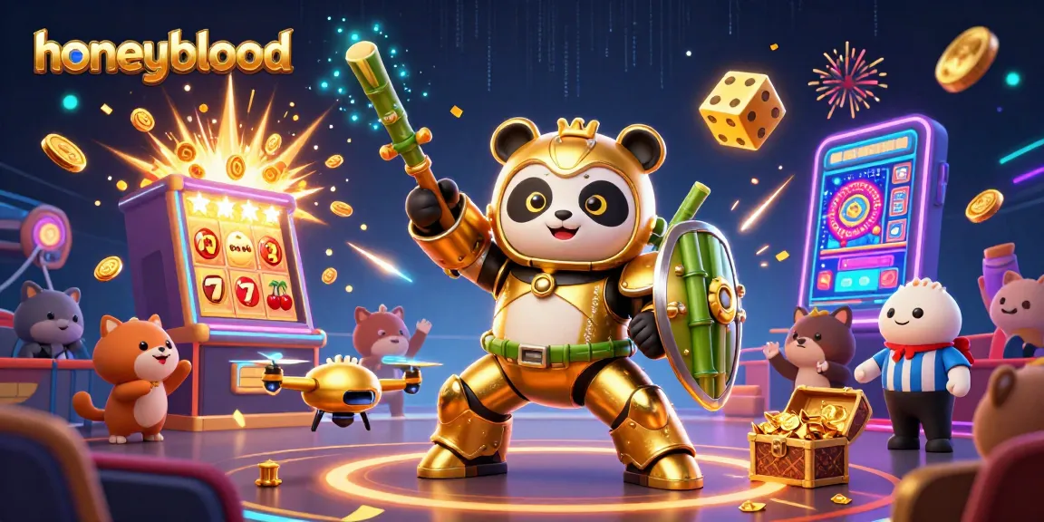 Experience gaming excitement with honeyblood, featuring a golden panda in a mech-suit amidst vibrant slot machines and dynamic casino elements.