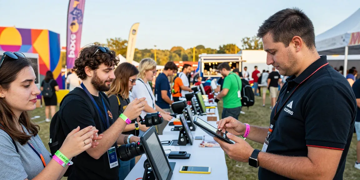 Efficient pulsera monedero eventos management at a vibrant festival with attendees enjoying seamless access.