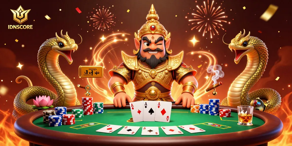 IDNSCORE platform showcases lively gaming with friendly guardians and vibrant poker action.