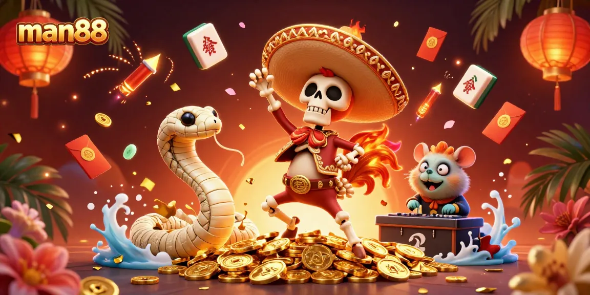 Experience excitement at man88 with a lively 3D scene featuring a dancing rooster and gaming elements.
