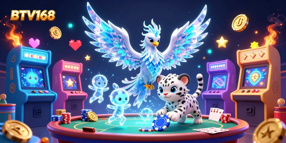 BTV168 features a playful phoenix, snow leopard, and radiant sprites amidst vibrant casino elements.