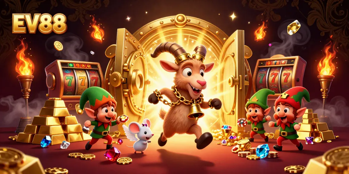 Experience winning moments at EV88 with a thrilling 3D casino scene featuring Krampus, a mouse, and mischievous elves.
