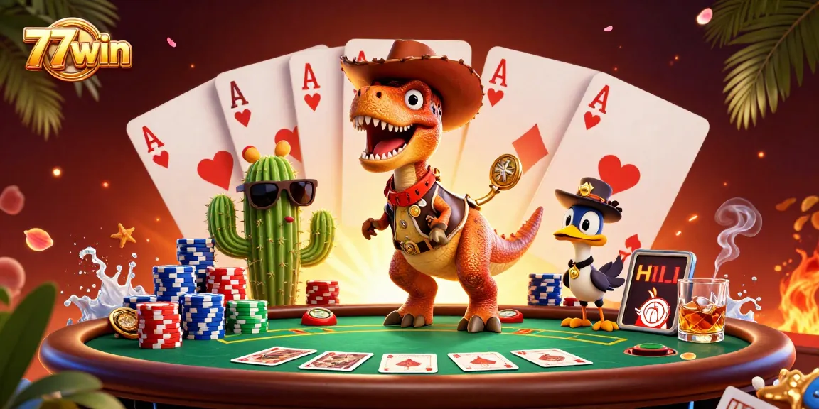 77win poker scene with a cowboy dinosaur and friends celebrating a big win at a colorful poker table.