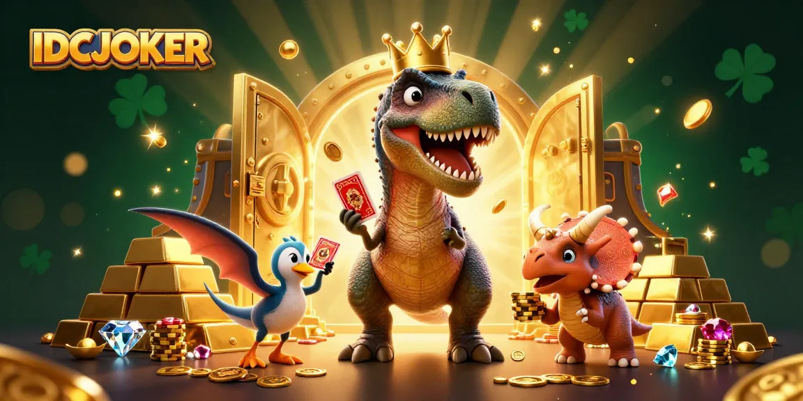 IDCJOKER features friendly T-Rex shuffling cards as a pterodactyl assists, creating an exciting casino atmosphere.