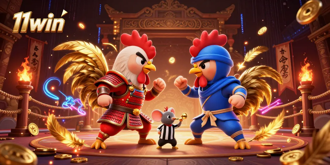 Engage in thrilling action at 11win with a dynamic standoff of fighting roosters in a vibrant casino arena.
