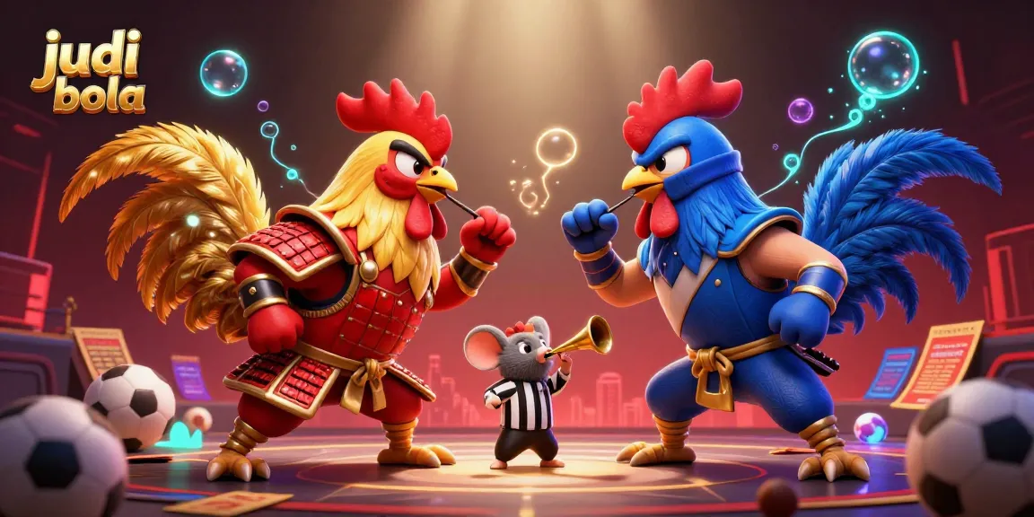 Engage in thrilling judi bola action with dual fighting roosters set in an energetic casino arena.